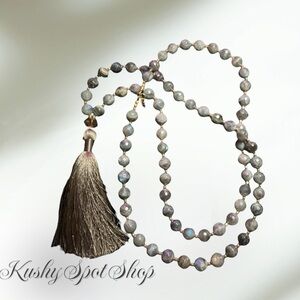 VNT Boho Signed BPD Grey Obsidian Faceted Stone Beads with Grey Tassel 🩶🌋📿🗿